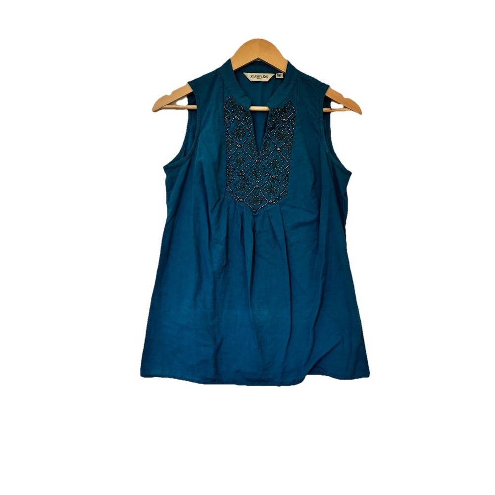 Women's St. John's Bay Sleeveless Blouse Beaded Teal 100% Cotton Petite Small